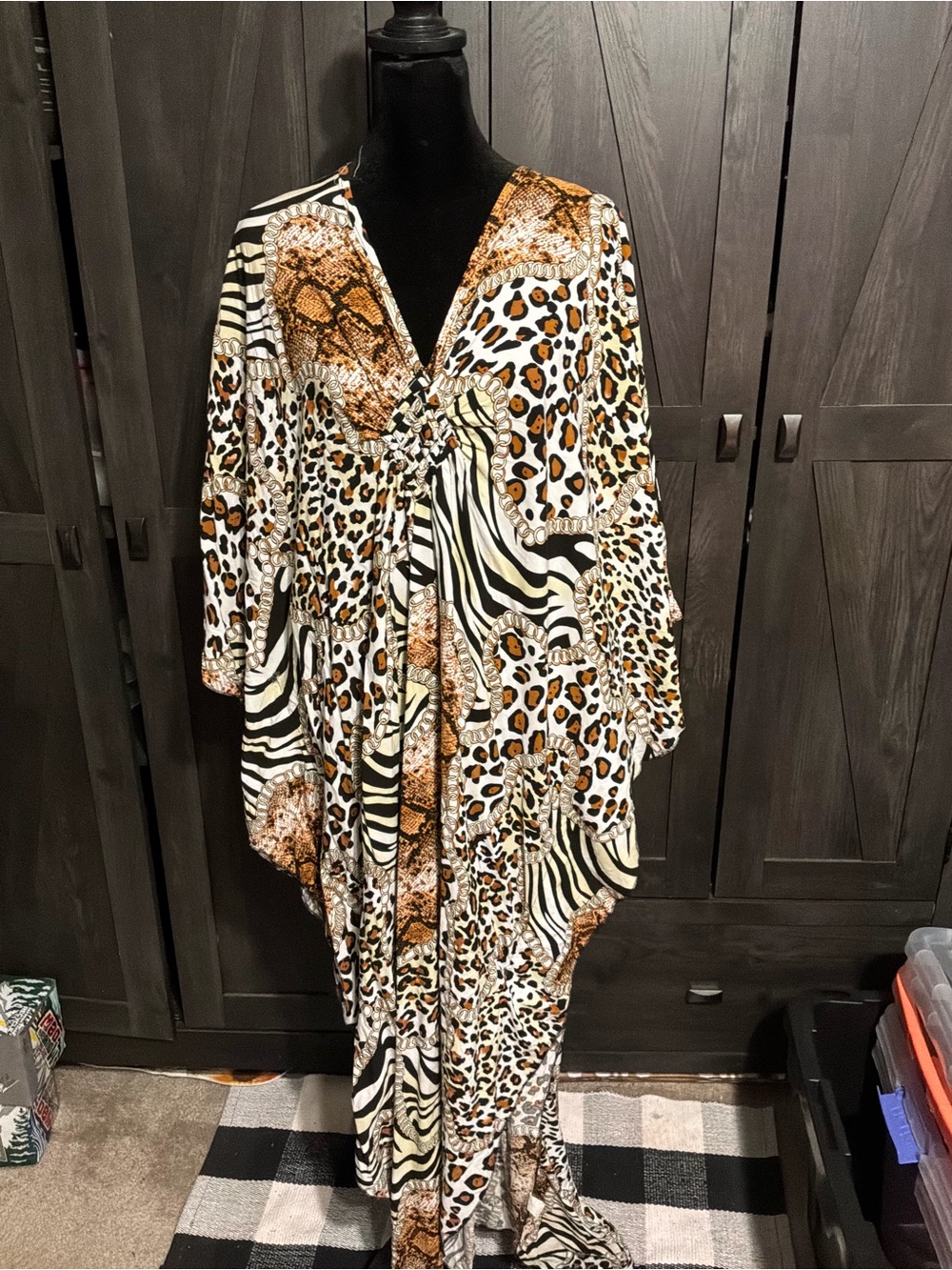 Source Unknown Animal Print Mixed-Pattern Kaftan in White, Black, Brown and Tan